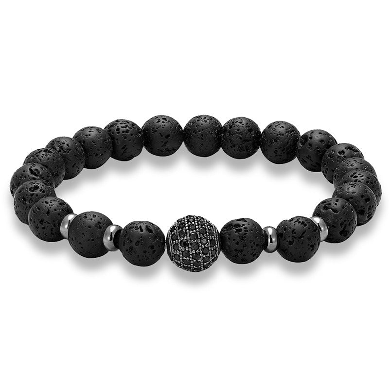 Bracelet en Pierre de Lave & Zircon – Micro-incrustation de Diamants Noirs (10MM) - Sérénité Nocturne