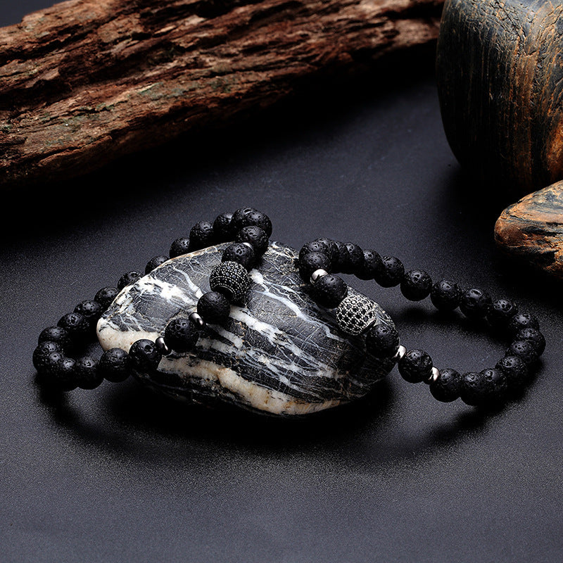 Bracelet en Pierre de Lave & Zircon – Micro-incrustation de Diamants Noirs (10MM) - Sérénité Nocturne