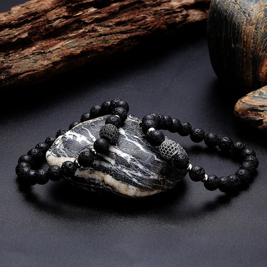 Bracelet en Pierre de Lave & Zircon – Micro-incrustation de Diamants Noirs (10MM) - Sérénité Nocturne