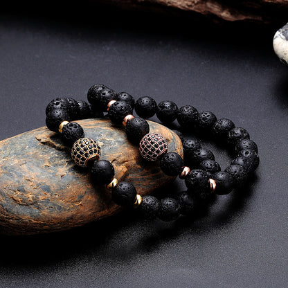 Bracelet en Pierre de Lave & Zircon – Micro-incrustation de Diamants Noirs (10MM) - Sérénité Nocturne