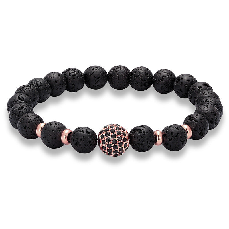Bracelet en Pierre de Lave & Zircon – Micro-incrustation de Diamants Noirs (10MM) - Sérénité Nocturne
